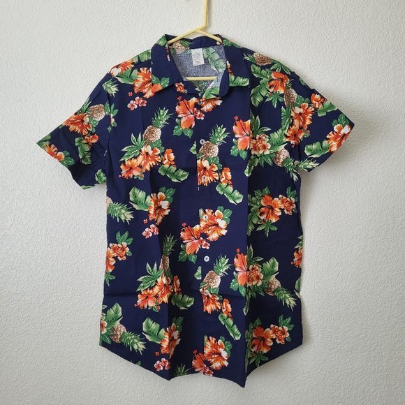 Men's Hawaiian‎ Aloha Traditional Pineapple All Over Print Button Up Shirt, Navy - Picture 4 of 6
